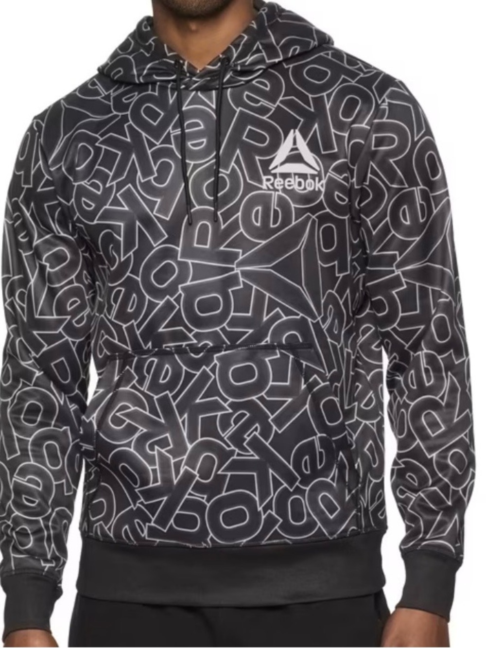 Reebok Men’s Black & White Pullover Logo Pattern Hoodie, Mens 3XL